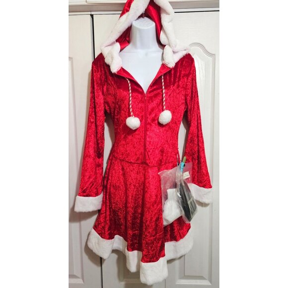 Sassy Santa Costume Sexy Mrs Claus Hooded Dress Faux Fur Boot Toppers Christmas - Picture 1 of 7